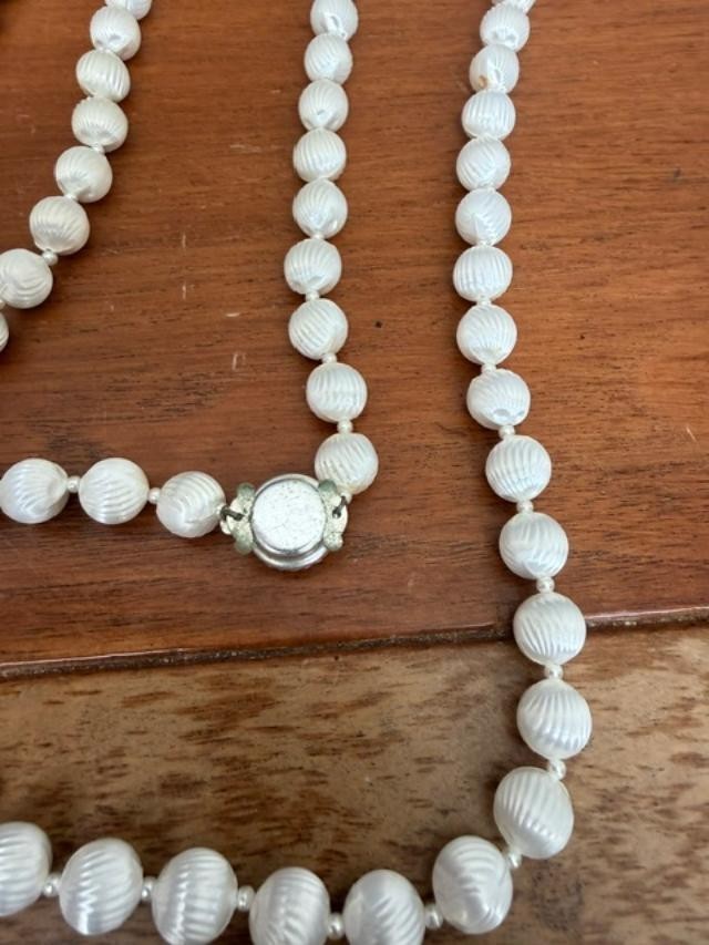 vintage long white carved plastic / acrylic bead necklace, approx. 55 inches