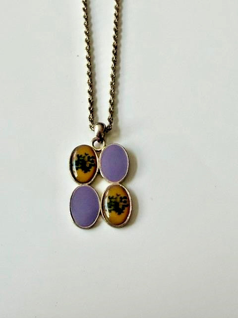 Purple Brown 4 Oval Cabochon Pendant Necklace Silver Tone 17”