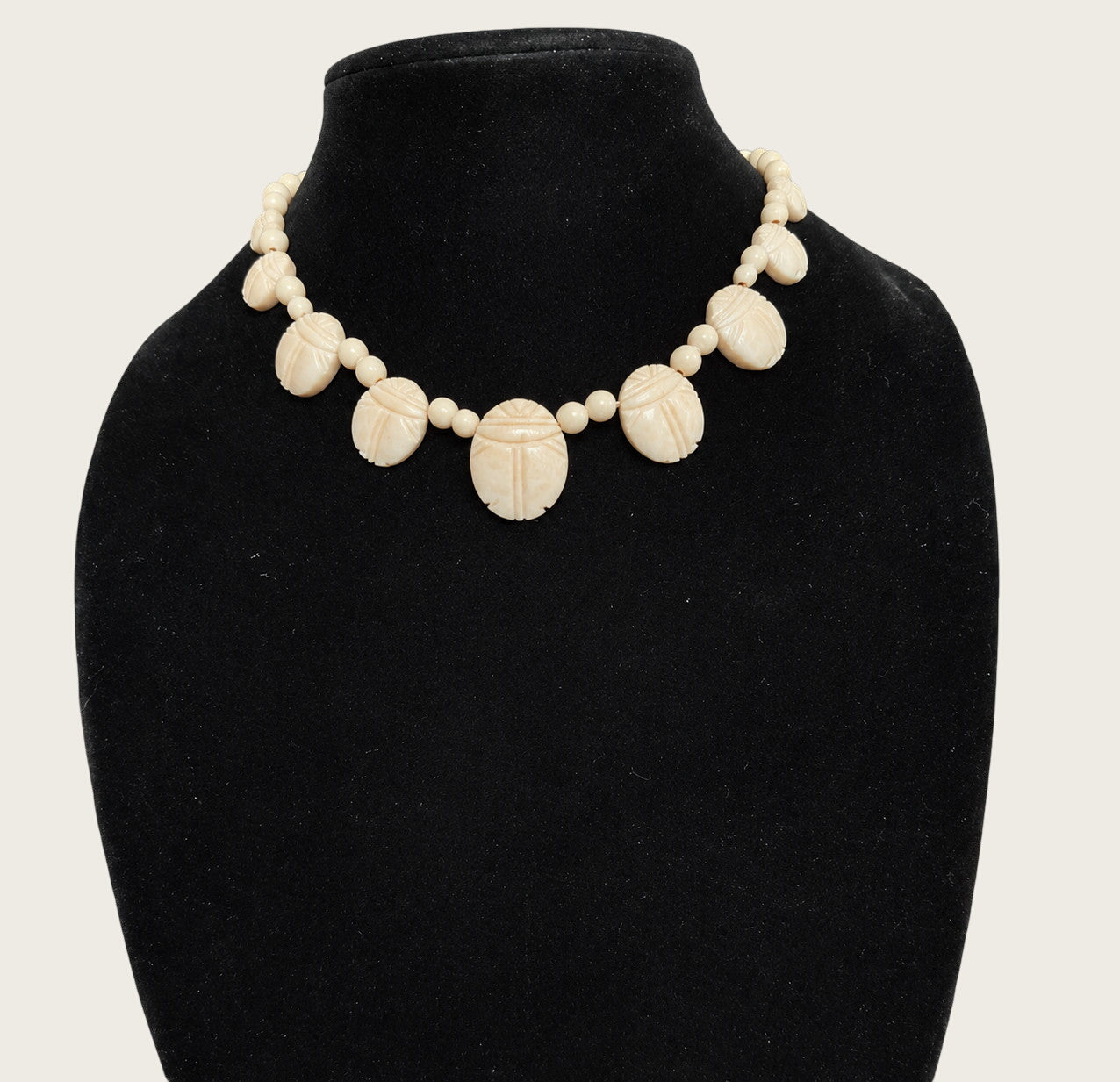 Vintage 1970s Carved Scarab Choker Necklace Egyptian Revival 15in
