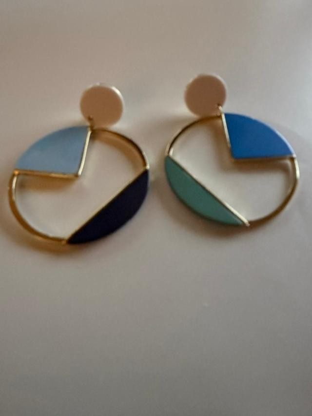 Color Block Enamel Clip-On Earrings Gold Tone Blue Green Mismatched 2.25"