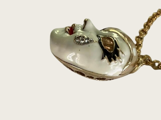 Vintage Gold Tone Venetian Masquerade Mask Pendant Necklace Enamel Rhinestone 31