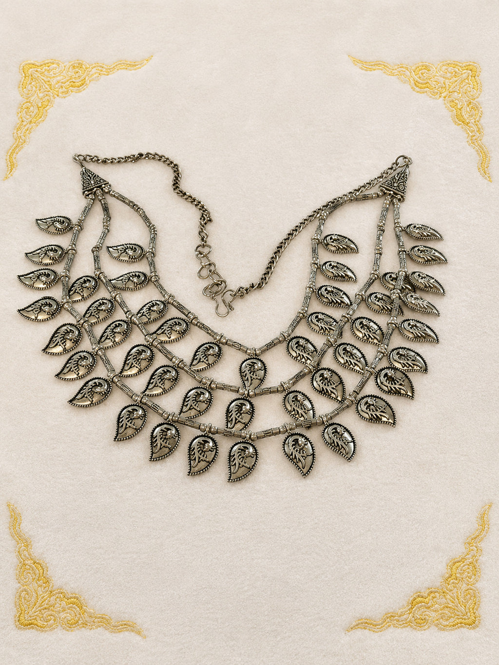 Oxidized Silver Tone Multi Strand Paisley Leaf Bib Necklace 23 Inch Boho