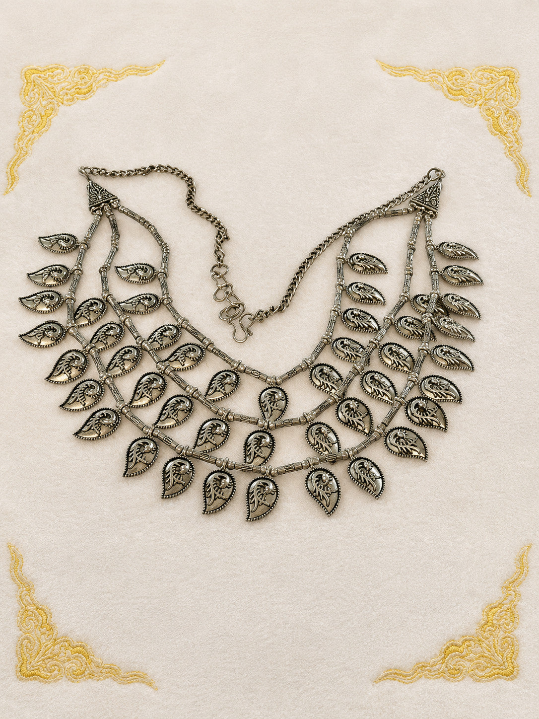 Oxidized Silver Tone Multi Strand Paisley Leaf Bib Necklace 23 Inch Boho