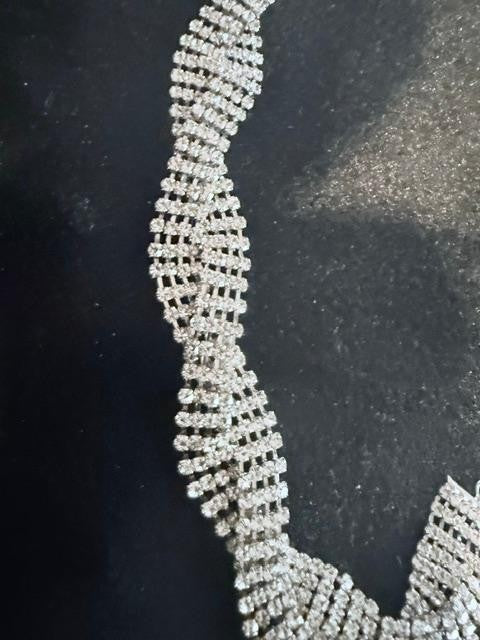 Silver Tone Clear Rhinestone Woven Mesh Choker Necklace Adjustable 17"