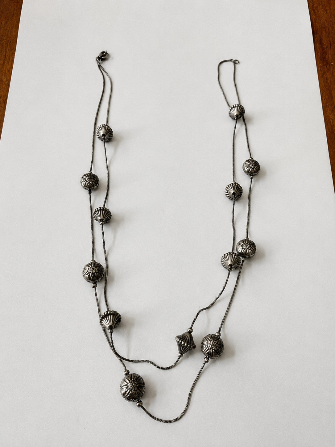 23” Antiqued Silver Tone Double Strand Embossed Bead Station Necklace  Condition
