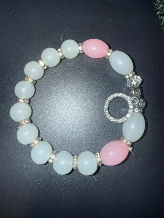 Pastel Pink Blue Lucite Acrylic Bead Bracelet Rhinestone Rondelle Toggle Clasp