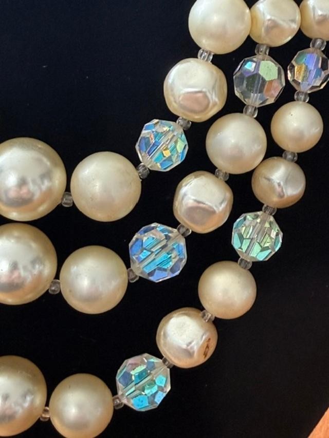 Vintage Multi Strand Necklace White Faux Pearls Aurora Borealis Crystal Beads