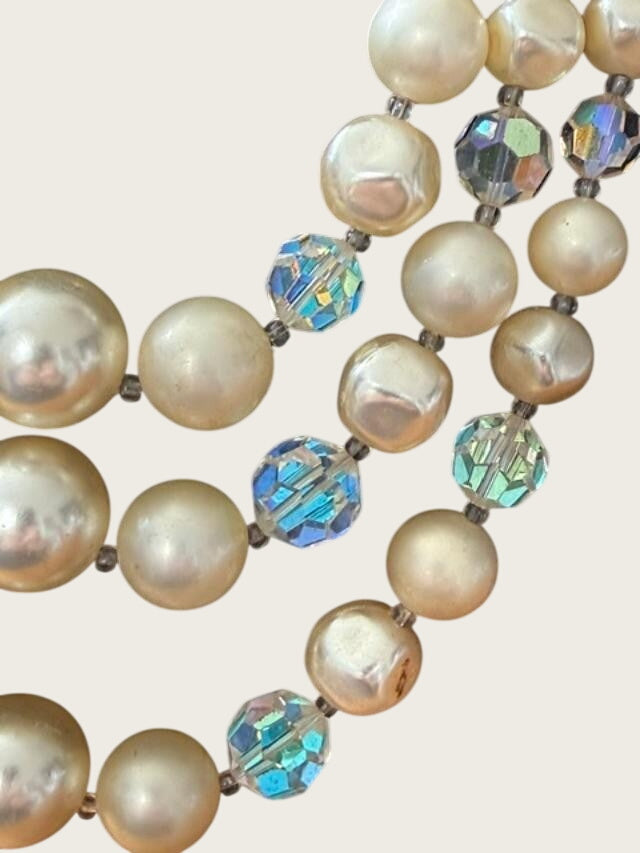 Vintage Multi Strand Necklace White Faux Pearls Aurora Borealis Crystal Beads