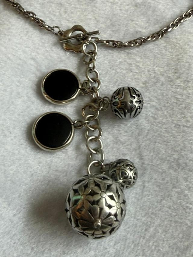 Silver Tone Black Cabochon Filigree Ball Y Drop Toggle Necklace 17in