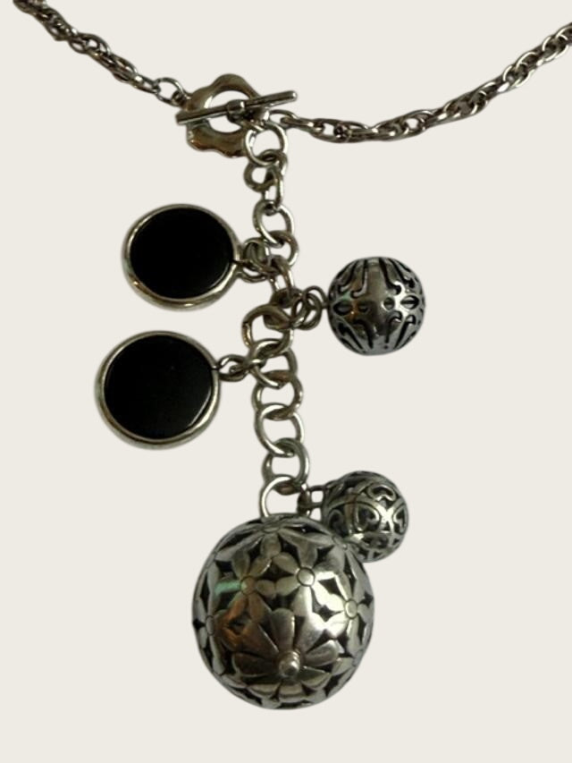 Silver Tone Black Cabochon Filigree Ball Y Drop Toggle Necklace 17in