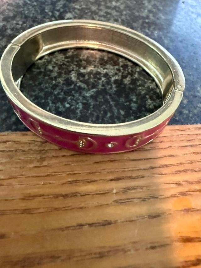 Vintage Pink Enamel Rhinestone Hinged Bangle Bracelet Gold Tone Art Deco Style