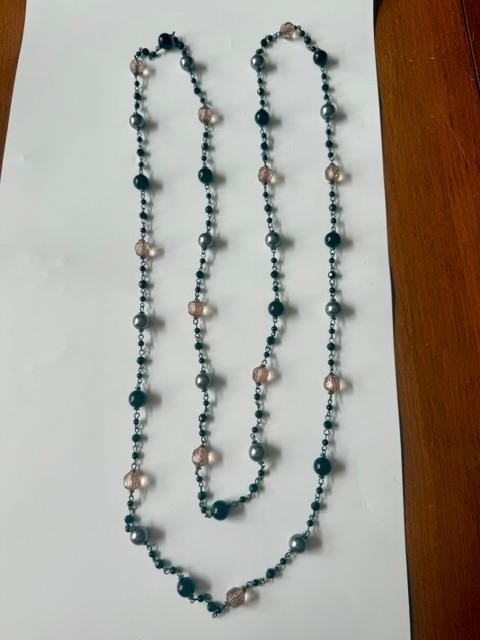 36” Black Gray Blush Pink Beaded Station Necklace No Clasp Opera Length  Conditi