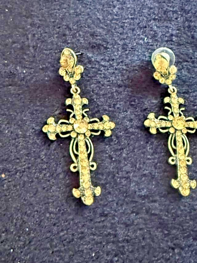 Gold Tone Rhinestone Cross Dangle Earrings 2.5" Ornate Statement Pierced