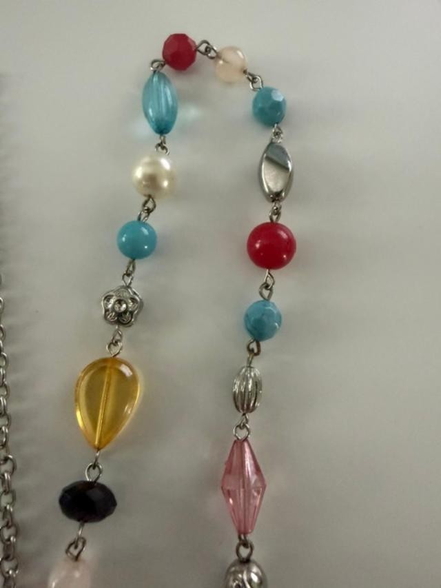 Multicolor Mixed Bead Faux Pearl Long Station Necklace Silver Tone 42"