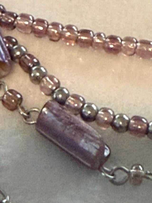 Purple Bead Owl Elephant Charm Multi Strand Necklace 18 Inch Silver Tone