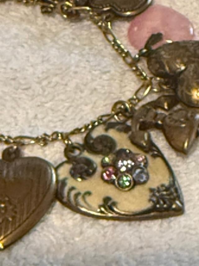 Anne Koplik Designs Charm Bracelet Antiqued Brass Hearts Rhinestone Vintage Styl