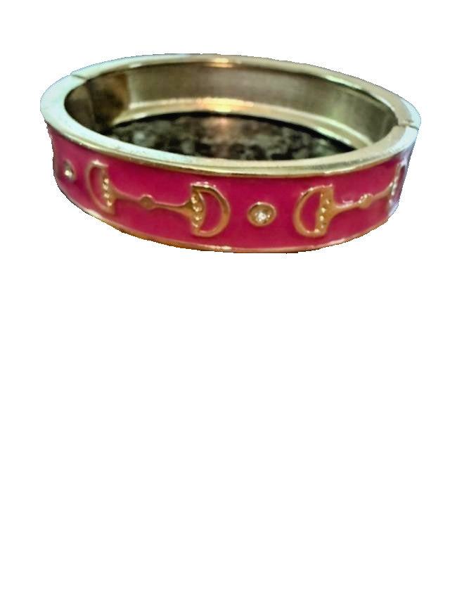 Vintage Pink Enamel Rhinestone Hinged Bangle Bracelet Gold Tone Art Deco Style
