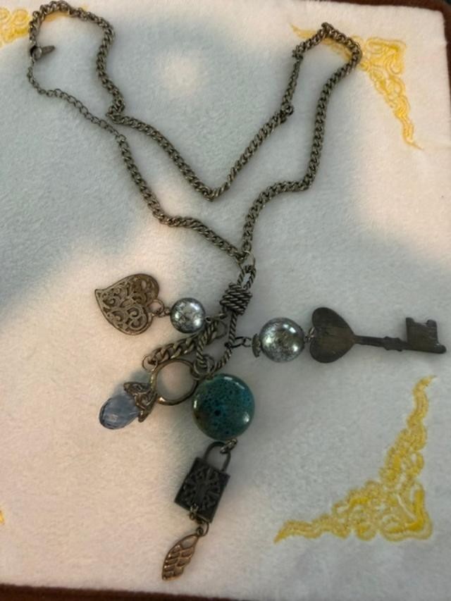 Vintage VCLM Lee Mode Key Heart Charm Necklace 27" Teal Bead Boho