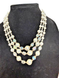 Vintage 3 Strand Beaded Necklace Clear Aurora Borealis Beads Faux White Pearls