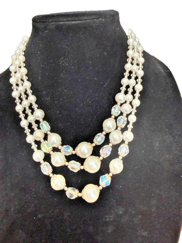Vintage 3 Strand Beaded Necklace Clear Aurora Borealis Beads Faux White Pearls
