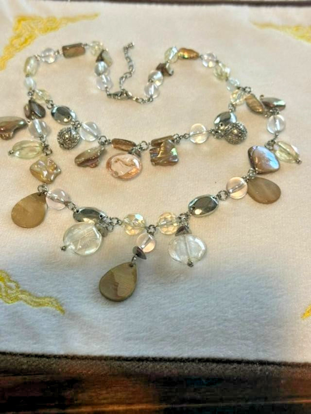 21" Multistrand Iridescent Shell Glass Bead Dangle Statement Necklace