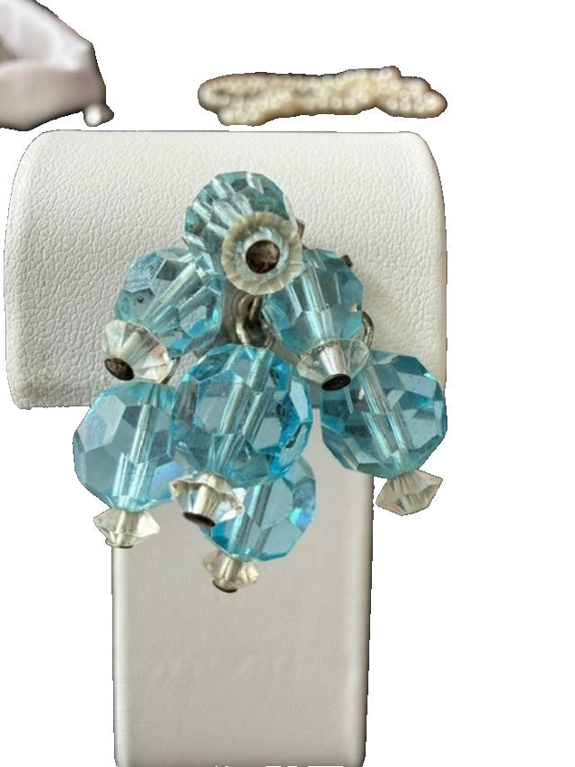 Vintage Baby Blue Glass Crystal Cluster Beaded Clip On Earrings Classy Lady