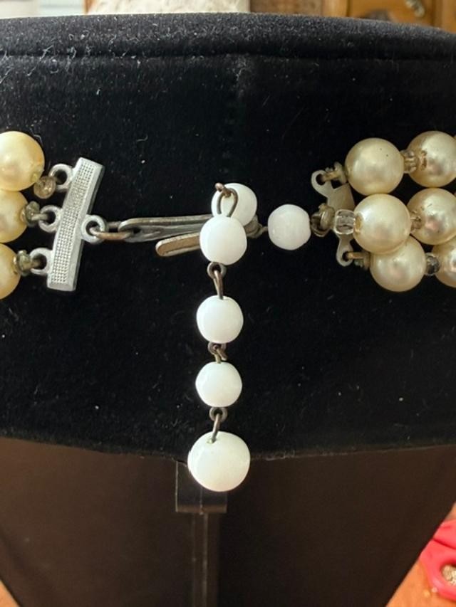 Vintage Multi Strand Necklace White Faux Pearls Aurora Borealis Crystal Beads
