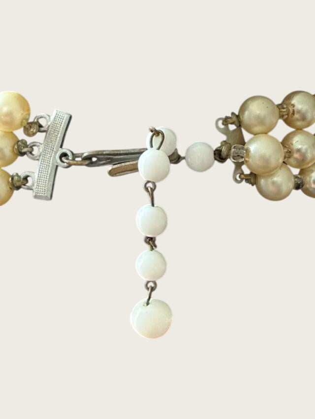 Vintage Multi Strand Necklace White Faux Pearls Aurora Borealis Crystal Beads