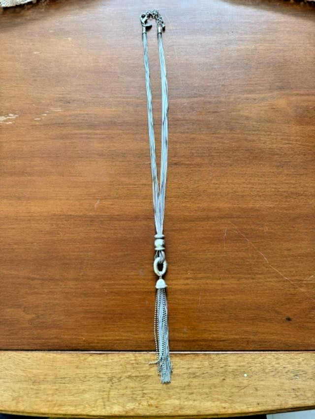 Chico’s Silver Tone Multi Strand Chain Tassel Necklace 33” Long 8” Pendant