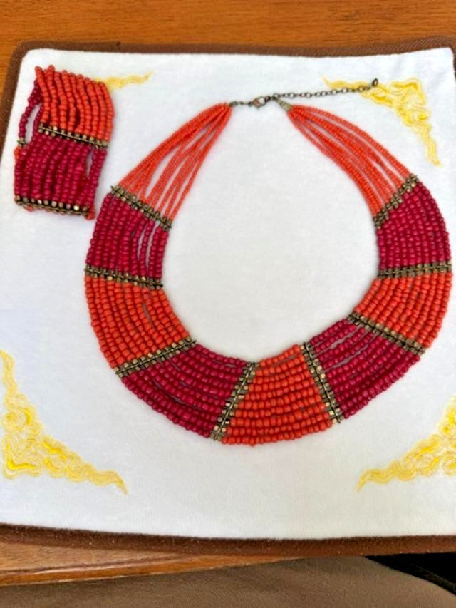 Original Vintage African Ethnic Necklace - Orange - Metal - Maroon - Bohemian