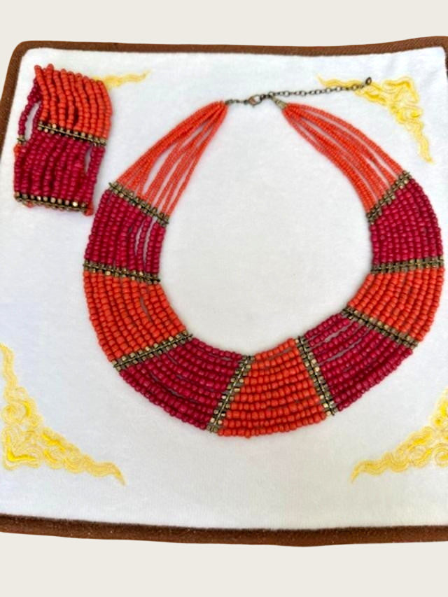 Original Vintage African Ethnic Necklace - Orange - Metal - Maroon - Bohemian
