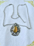 Vintage Silver Tone Filigree Amber Teardrop Pendant Necklace Rhinestone Accent 3
