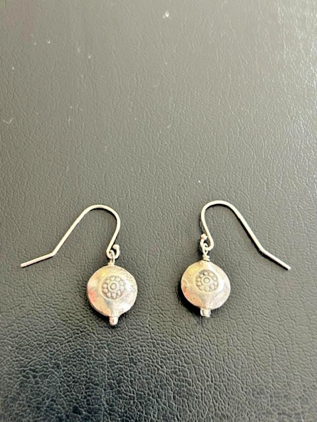 Silver-Tone Puffed Disc Rosette Dangle Earrings Fishhook