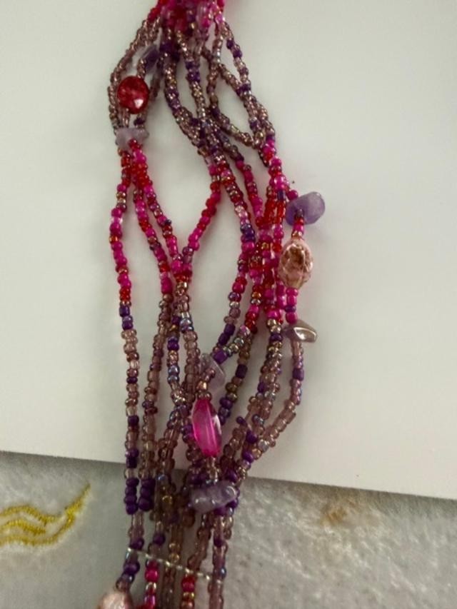 Multi Strand Boho Beaded Necklace Matching Earrings Purple Pink Set 30 inch