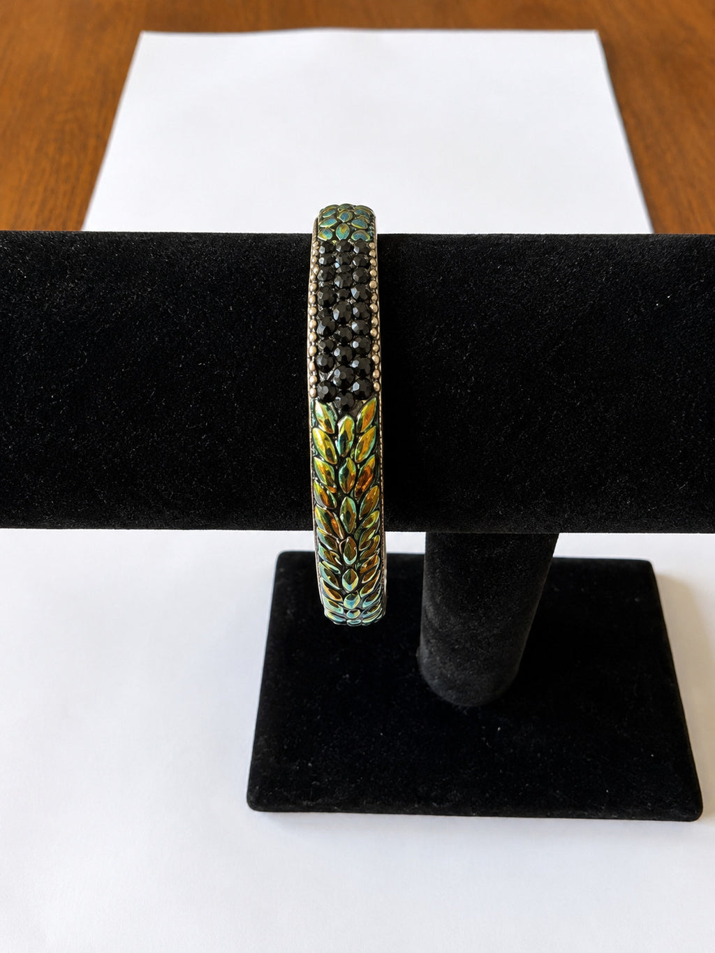 Iridescent Marquise Rhinestone Black Crystal Silver Tone Bangle Bracelet