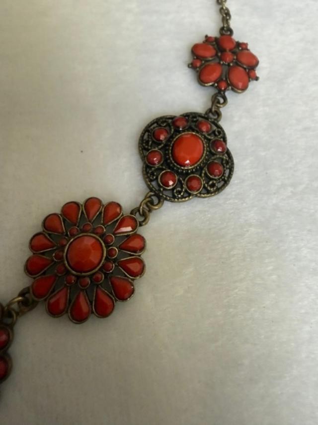 Orange Faux Coral Filigree Boho Statement Necklace 23" + 3" Extender
