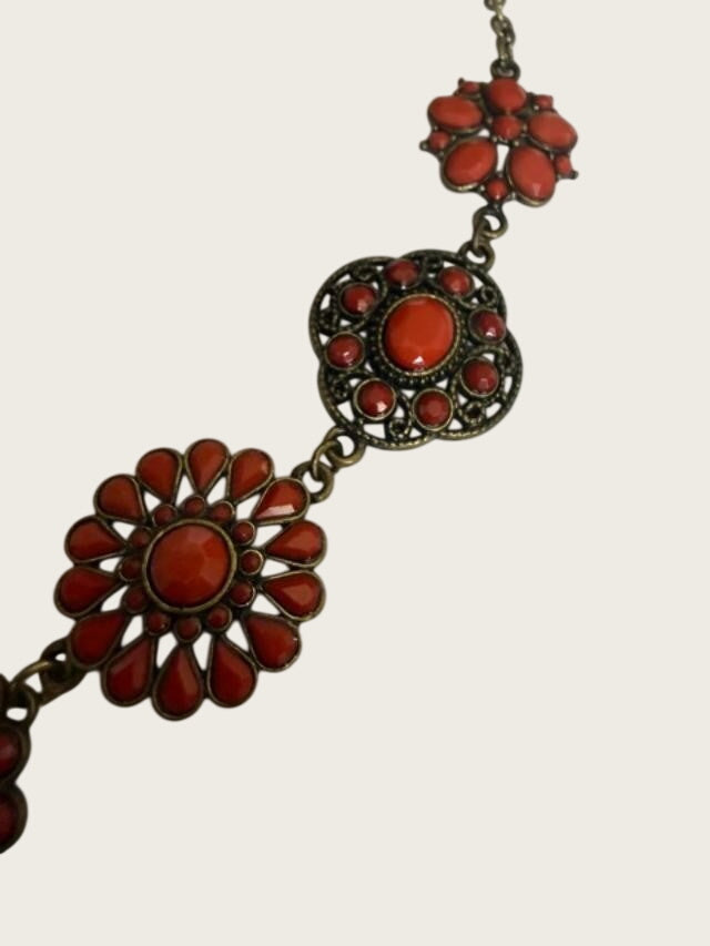 Orange Faux Coral Filigree Boho Statement Necklace 23" + 3" Extender