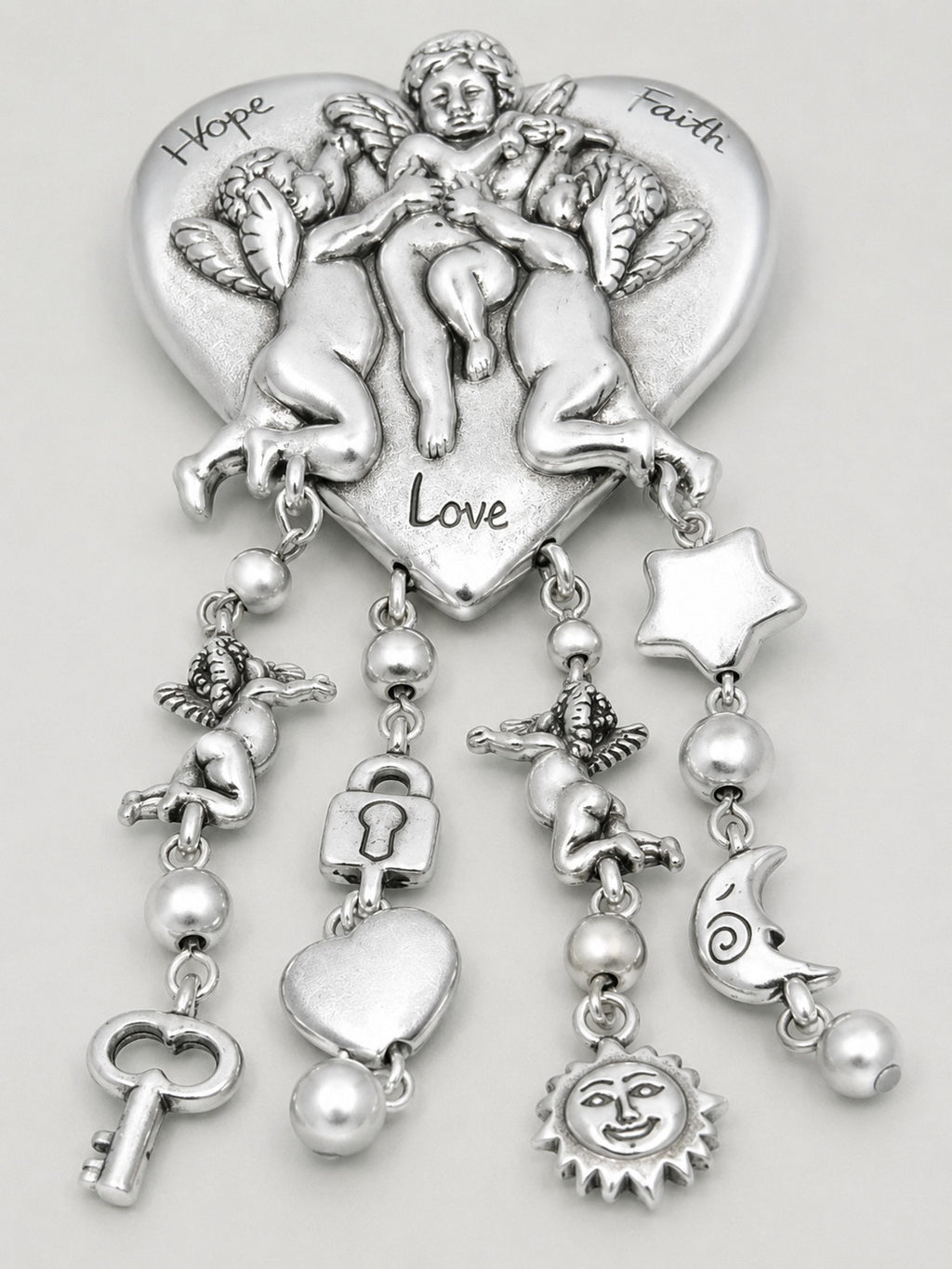 Cherub Hope Love Faith Dangle Drop Heart Brooch Pendant Vintage Silver Tone 3.5"