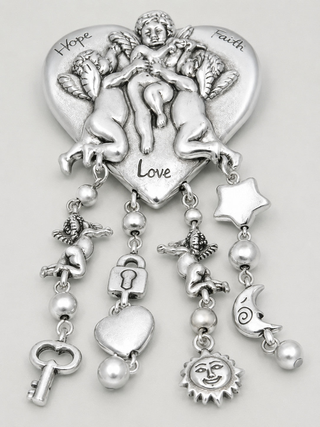 Cherub Hope Love Faith Dangle Drop Heart Brooch Pendant Vintage Silver Tone 3.5"