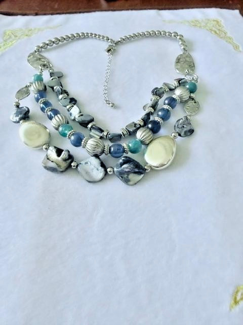 Blue Gray Multi-Strand Shell Bead Statement Necklace Silver Tone 21"