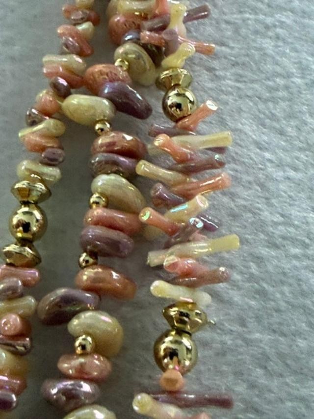 Vintage 27" Pink AB Shell Chip 3 Strand Statement Necklace Gold Tone Boho