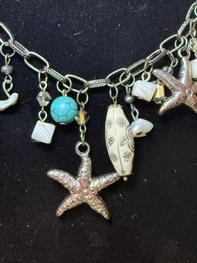 Boho Beach Charm Necklace Silver Tone Starfish Shell Faux Turquoise Coastal Stat