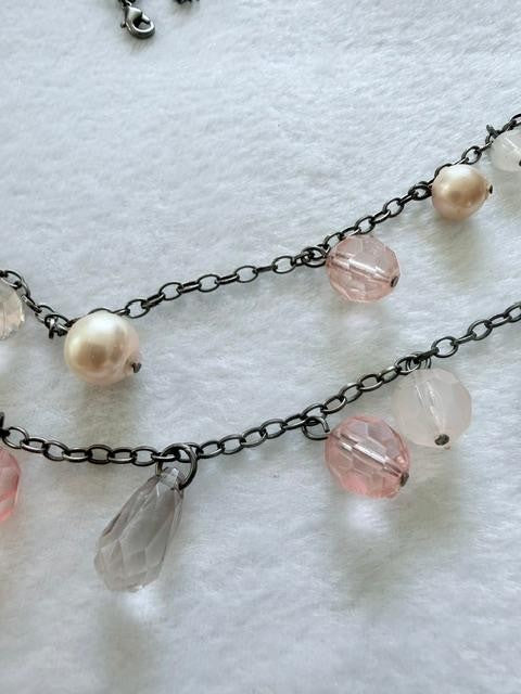 Gunmetal Double Strand Necklace Pink Beads Faux Pearls Gray Teardrops 22"