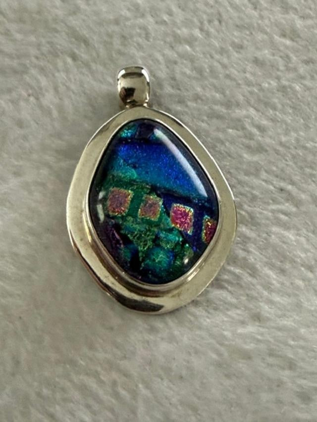 Mexico 925 Sterling Silver Dichroic Glass Pendant Blue Green Teardrop 1.25"
