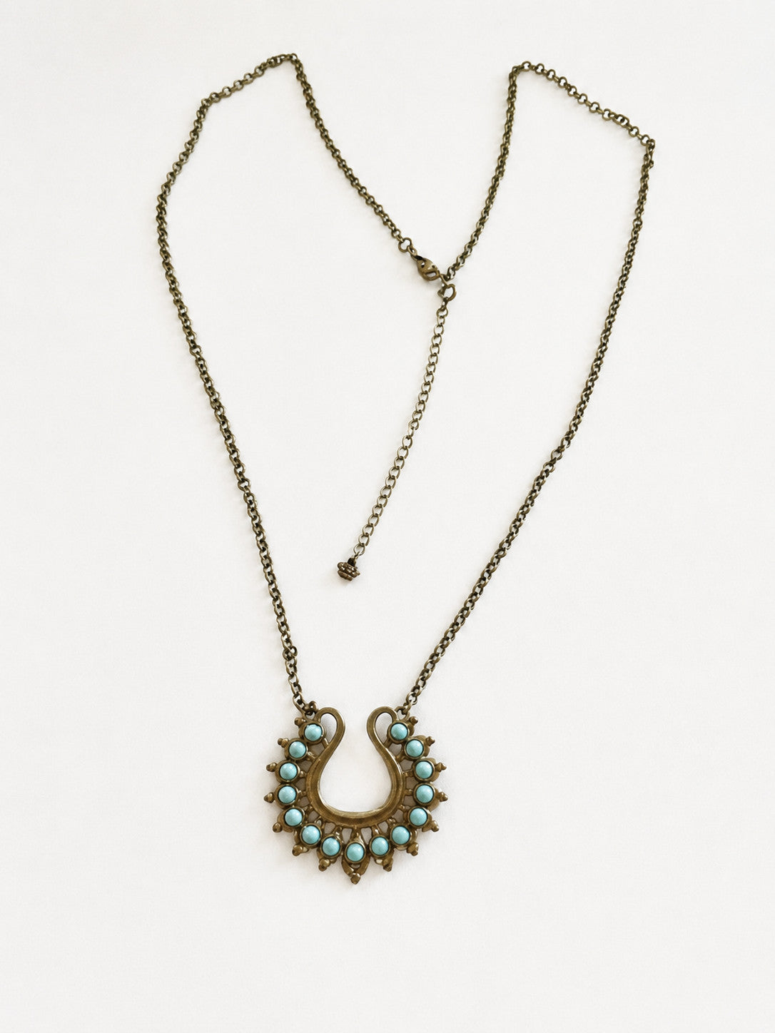 Premier Designs Lotus Faux Turquoise Horseshoe Pendant Necklace 34” Boho
