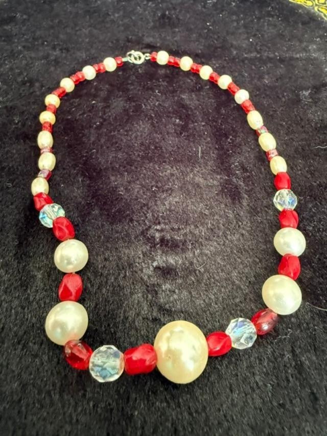 Vintage beaded necklace made with graduated cream faux pearl, red faceted beads