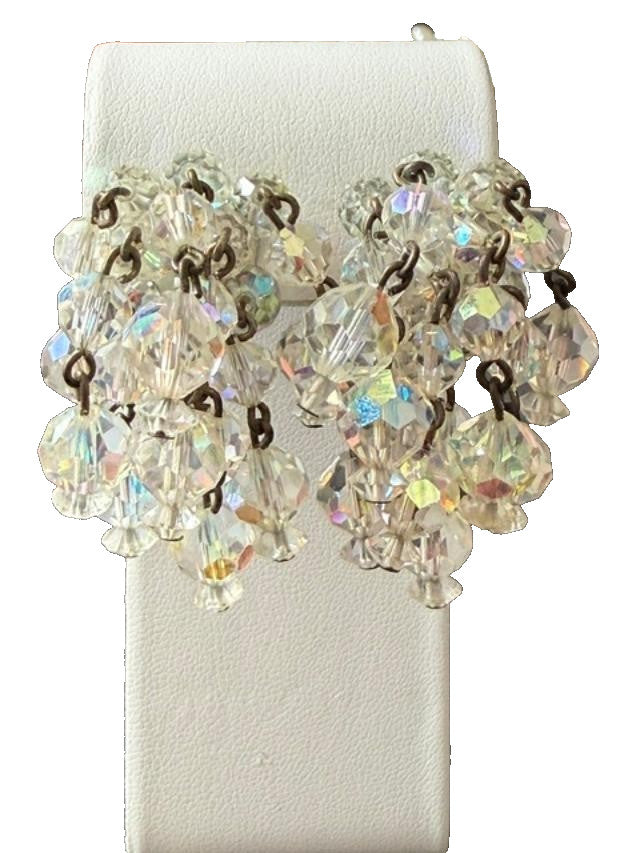 Vintage Laguna AB Crystal Beaded Cluster Clip On Earrings dangle glass