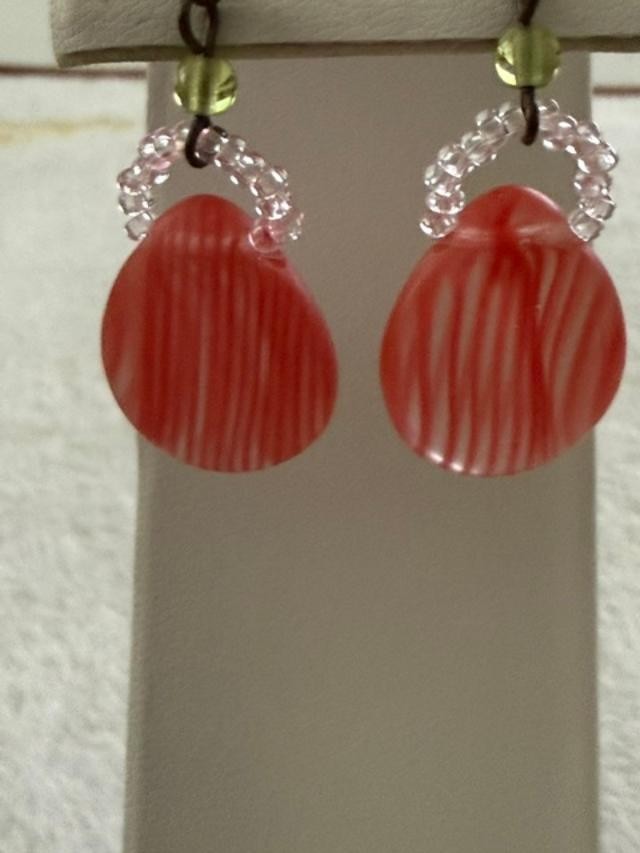 Vintage Pink Striped Art Glass Dangle Earrings Green Glass Accents 1" Pierced