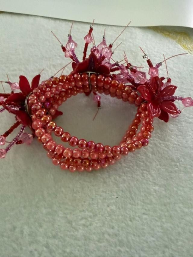 Handcrafted Pink Beaded Floral Stretch Bracelet Wired Crystal Statement