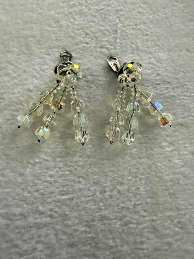 Vintage AB Crystal Bead Cluster Dangle Clip On Earrings Clear Aurora Borealis